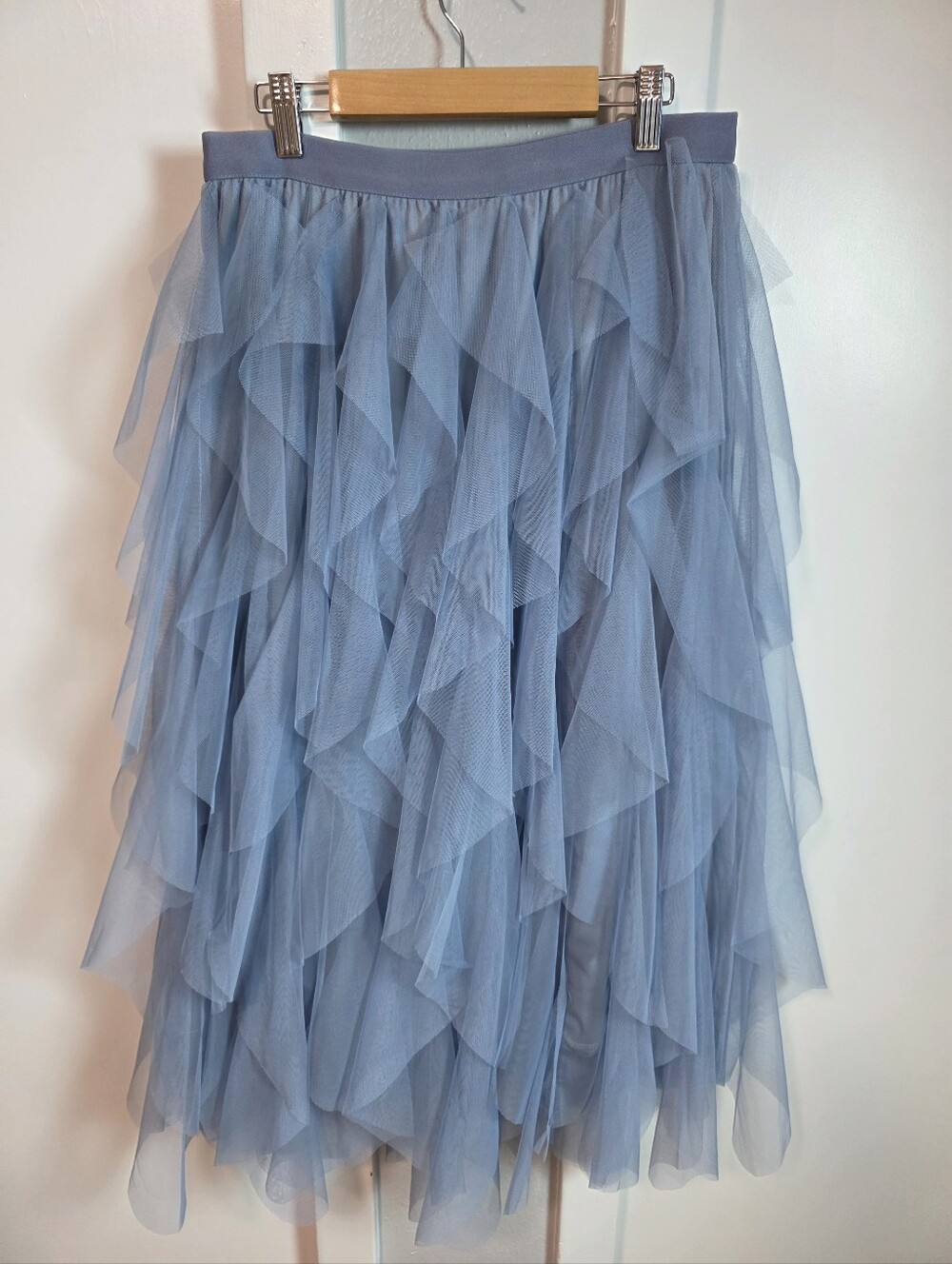 Dusty Blue Layered Tulle Ruffle Midi Skirt - Size L
